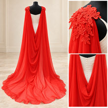 Load image into Gallery viewer, Red Chiffon Bridal Cape with Lace Details on Shoulders - 200cm