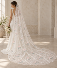 Load image into Gallery viewer, Blush Pink Floral Embroidered Wedding Veil with Swiss Dot Detail – 100–300cm