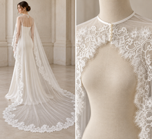 Load image into Gallery viewer, Ivory Lace Bridal Cape with Pearl Button Fastening – 300cm Cathedral Length