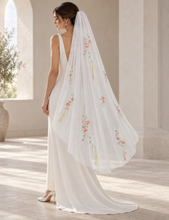 Load image into Gallery viewer, Pink Floral Embroidered Chiffon Wedding Veil with Gold Detail & Silver Comb