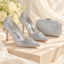 Load image into Gallery viewer, Silver Crystal Bridal Heels & Matching Clutch