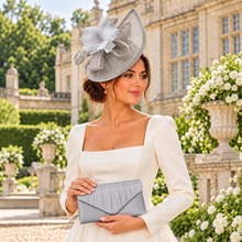 Load image into Gallery viewer, Silver Grey Fascinator and Satin Clutch Bag Set