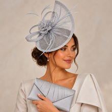 Load image into Gallery viewer, Silver Grey Fascinator & Satin Clutch Bag Set – Handmade Wedding Guest Hatinator