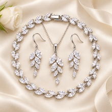 Load image into Gallery viewer, Silver Cubic Zirconia Leaf Bridal Jewellery Set – Necklace, Earrings & Bracelet