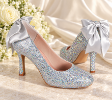 Load image into Gallery viewer, Silver Rock Glitter Wedding Shoes with Satin Back Bows