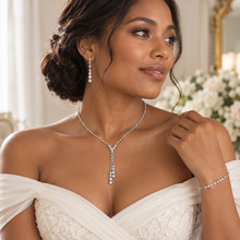 Load image into Gallery viewer, Silver Cubic Zirconia Bridal Jewellery Set – Necklace, Earrings & Bracelet