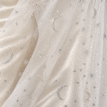 Load image into Gallery viewer, Celestial Wedding Veil or Bridal Cape – White Tulle with Silver Moons & Stars