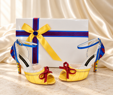 Load image into Gallery viewer, Snow White Inspired Wedding Shoes | Yellow & Blue Satin Heels