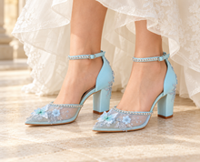Load image into Gallery viewer, Something Blue Butterfly Bridal Shoes | Light Blue Embroidered Mesh Block Heels