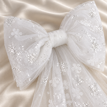 Load image into Gallery viewer, Sparkling Floral Embroidered Bridal Bow Veil | White Tulle Hair Bow