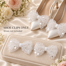 Load image into Gallery viewer, Sparkling Sequin Bow Shoe Clips – Pearl Tulle Bridal Shoe Bows