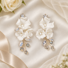 Load image into Gallery viewer, White Floral Statement Bridal Earrings – Silver or Gold Crystal Drops