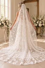 Load image into Gallery viewer, Luxury Swiss Dot Floral Wedding Veil – White Flower & Gold Embroidered Bridal Veil