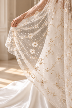 Load image into Gallery viewer, Luxury Swiss Dot Floral Wedding Veil – White Flower & Gold Embroidered Bridal Veil
