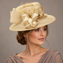 Load image into Gallery viewer, Beige Sinamay Fascinator Hat with Feathers & Crystal Detail – Sale