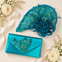 Load image into Gallery viewer, Teal Satin Clutch Bag & Fascinator Matching Set | Handmade Bridal Wedding Guest Hat and Bag