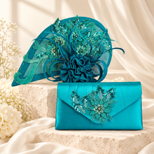 Load image into Gallery viewer, Teal Satin Clutch Bag & Fascinator Matching Set | Handmade Bridal Wedding Guest Hat and Bag