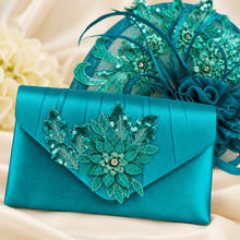 Load image into Gallery viewer, Teal Satin Clutch Bag & Fascinator Matching Set | Handmade Bridal Wedding Guest Hat and Bag