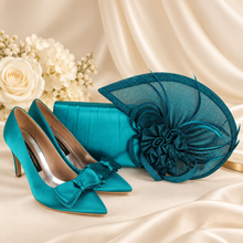 Load image into Gallery viewer, Teal Satin Clutch Bag & Fascinator Set | Wedding Guest & Mother of the Bride Accessories