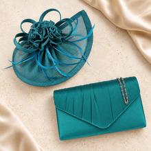 Load image into Gallery viewer, Teal Satin Clutch Bag & Fascinator Set | Wedding Guest & Mother of the Bride Accessories