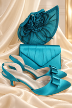 Load image into Gallery viewer, Teal Satin Clutch Bag & Fascinator Set | Wedding Guest & Mother of the Bride Accessories