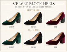 Load image into Gallery viewer, Velvet Block Heel Wedding Shoes | Green, Red or Black