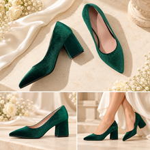 Load image into Gallery viewer, Velvet Block Heel Wedding Shoes | Green, Red or Black