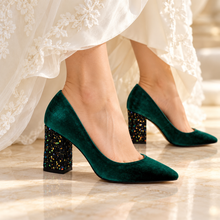 Load image into Gallery viewer, Velvet Block Heel Wedding Shoes | Green, Red or Black