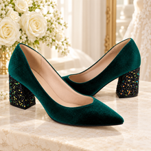 Load image into Gallery viewer, Velvet Block Heel Wedding Shoes | Green, Red or Black