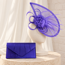 Load image into Gallery viewer, Purple Teardrop Fascinator & Satin Clutch Bag Set – Handmade Wedding Guest Hatinator