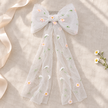 Load image into Gallery viewer, Embroidered Daisy Tulle Bridal Hair Bow with Long Tails