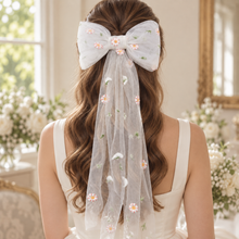 Load image into Gallery viewer, Embroidered Daisy Tulle Bridal Hair Bow with Long Tails