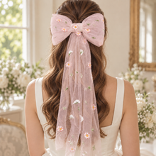 Load image into Gallery viewer, Embroidered Daisy Tulle Bridal Hair Bow with Long Tails