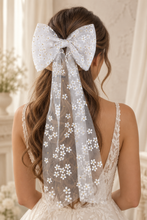 Load image into Gallery viewer, White Daisy Embroidered Tulle Bridal Hair Bow – 60cm Bow Veil