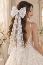 Load image into Gallery viewer, White Daisy Embroidered Tulle Bridal Hair Bow – 60cm Bow Veil