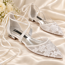 Load image into Gallery viewer, Floral Embroidered Lace Flat Wedding Shoes – Pointed Toe Bridal Flats