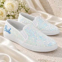 Load image into Gallery viewer, White Glitter Bridal Slip-On Trainers with Personalised Detail