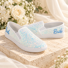 Load image into Gallery viewer, White Glitter Bridal Slip-On Trainers with Personalised Detail