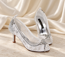 Load image into Gallery viewer, White Lace Bridal Heels with Crystal Butterflies | Cinderella Inspired