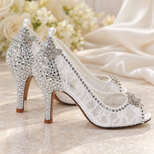 Load image into Gallery viewer, White Lace Bridal Heels with Crystal Butterflies | Cinderella Inspired