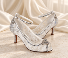 Load image into Gallery viewer, White Lace Bridal Heels with Crystal Butterflies | Cinderella Inspired