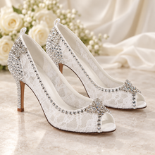 Load image into Gallery viewer, White Lace Bridal Heels with Crystal Butterflies | Cinderella Inspired