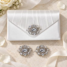 Load image into Gallery viewer, Matching Crystal Shoe Clips & Satin Bridal Clutch Bag Set
