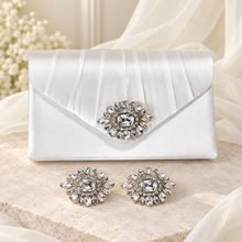 Load image into Gallery viewer, Matching Crystal Shoe Clips & Satin Bridal Clutch Bag Set