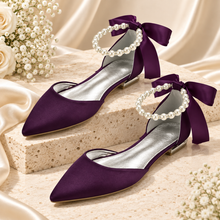 Load image into Gallery viewer, Pointed Satin Bridal Flats with Pearl Ankle Straps – Other Colours