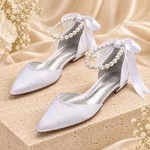 Load image into Gallery viewer, Pointed Satin Bridal Flats with Pearl Ankle Straps – Other Colours