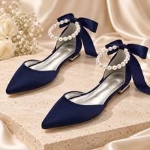 Load image into Gallery viewer, Pointed Satin Bridal Flats with Pearl Ankle Straps – Other Colours