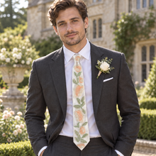 Load image into Gallery viewer, White Satin Tie with Peach Wild Rose Embroidery