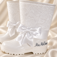 Load image into Gallery viewer, Personalised Bridal Wellies – Lace Wedding Rain Boots with Satin Bows