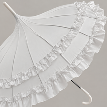 Load image into Gallery viewer, White Frilled Pagoda Umbrella with White Handle – Bridal & Wedding Umbrella